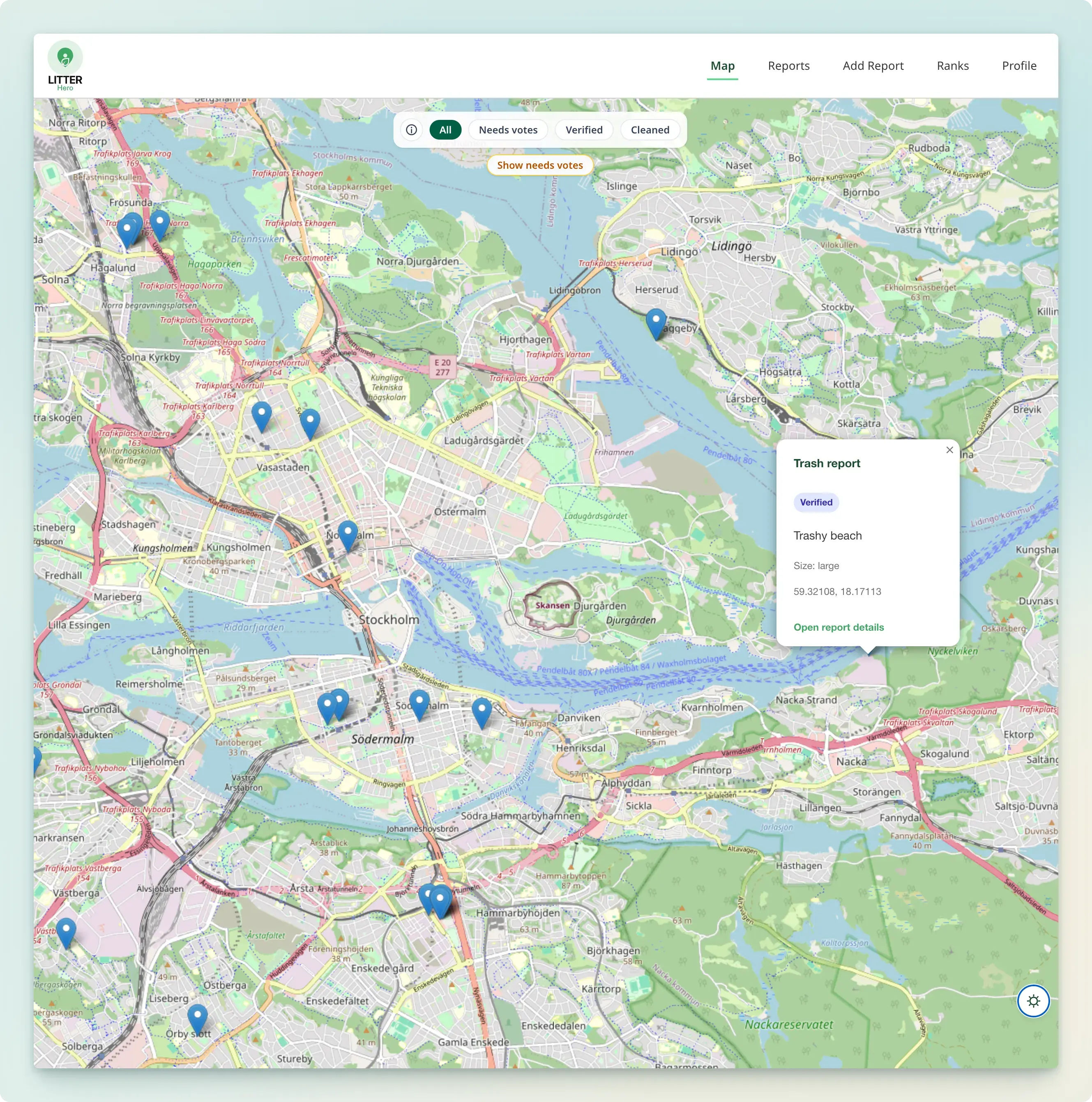 Map view with pinned litter reports